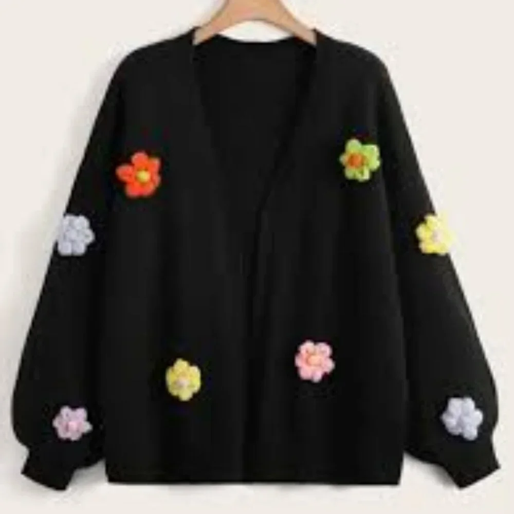 Retro Boho Floral Patched Drop Shoulder Open front Sweater Cardigan - NWOT - Picture 1 of 16